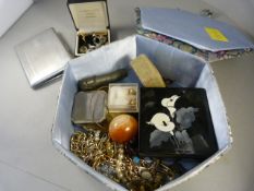 Box of costunme jewellery to include two powder compacts, Novelty Vesta Case etc