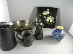 Art Deco style 'Gresley Roulette' jug and Bowl, black china and a lacquered box