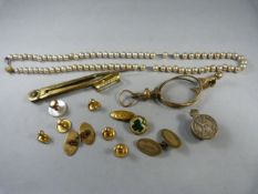 Small quantity of costume jewellery to include cufflinks, Silver badge and a hanging pendant