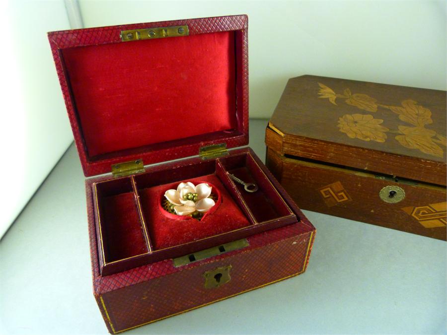 An oak box with inlaid flowers and a leather bound jewellery box - Image 2 of 2