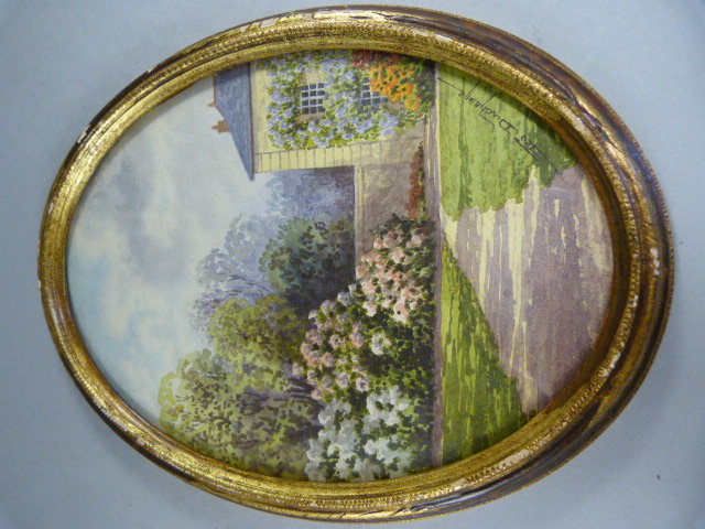 A Watercolour of a walled garden miniature by artist Geo Duchesne