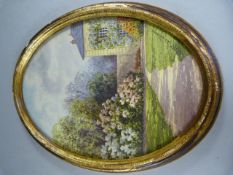 A Watercolour of a walled garden miniature by artist Geo Duchesne