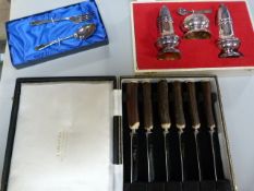 A Boxed christening spoon and fork, Silverplated boxed condiment set and a box containing Horn