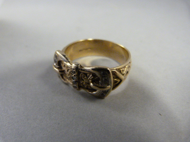 9ct gold gents double buckle ring set with 12 small white stones (possibly white sapphires) 10.4 gms - Image 2 of 2
