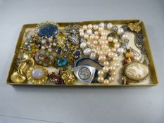 Small box of costume jewellery containing some silver earrings etc, Micro mosaic brooch,