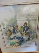A Large watercolour by Gordon King of two 'Flower Girls in the Florist' - signed Lower Right corner