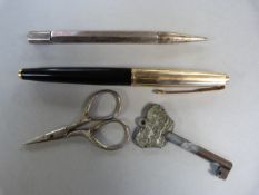 A Hallmarked silver propelling pencil, Parker pen etc