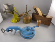 A Vintage hand held mincer, bean slicer and other pieces etc