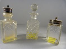 A Cut glass salt shaker, mustard pot and a small decanter