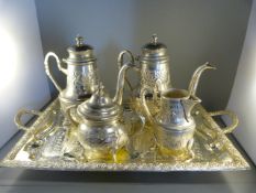 Possibly North African?? White metal four piece tea set on White metal tray.