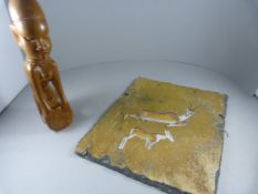 African scene handpainted onto slate, carved wooden figure