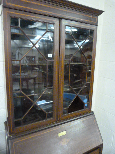 Edwardian inlaid Bureau bookcase (A/F) - Image 3 of 4