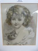 Victorian Charcoal picture of a little girl cradling a Kitten Dated Lower Right July 19th 1898