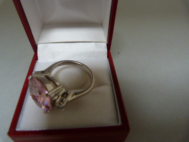 A Silver Ring, Large, 15.10mm diameter Brilliant cut Pink CZ with a small White CZ on each - Image 2 of 3
