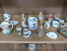 A Quantity of crested ware, commemorative ware, wade style figures and a sylvac jug