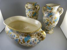 A Pair of vases decorated in blue and Gold gilt paint flowers both with damage and a matching Tureen