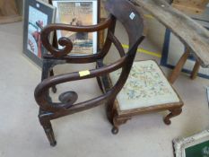 Mahogany ornate dining room chair with scroll decoration to arms A/F and a low footstool on cabriole