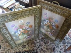 A Pair of matching fire screen with Prints of Tulips by R A Foster inset