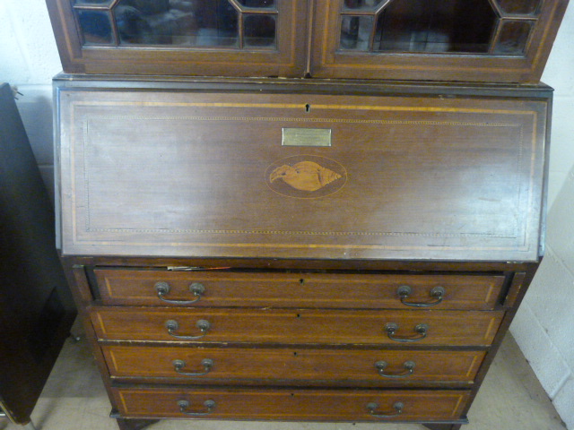 Edwardian inlaid Bureau bookcase (A/F) - Image 2 of 4