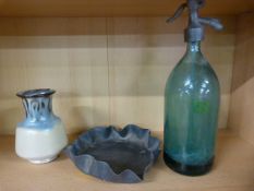 A Studio pottery vase, blue glass soda streamer and a lead bowl