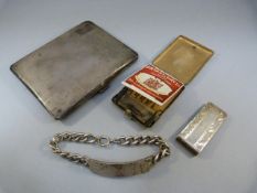 Three hallmarked silver items: A cigarette case, money clip and identity bracelet (not inscribed)