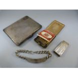 Three hallmarked silver items: A cigarette case, money clip and identity bracelet (not inscribed)