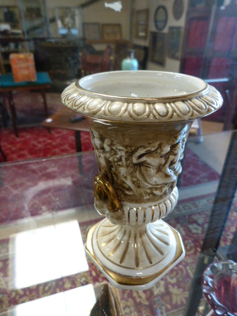 A Capodimonte urn (no lid) moulded in relief and glazed with a gold finish - stamped to base - Image 3 of 3