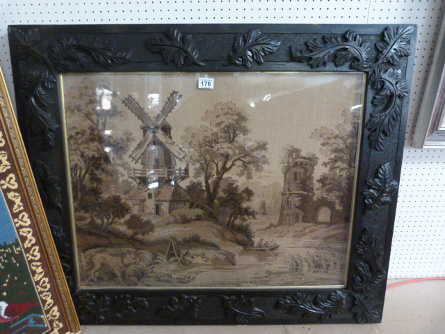 A Victorian framed Tapestry ' Flemish Windmill Scene', circa 1870 - Image 2 of 2