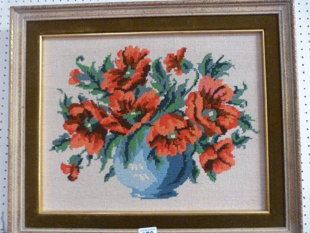 Framed needlepoint of a Still life (poppies) 21 x 25