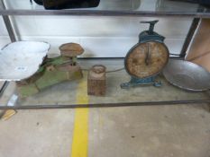 Set of antique weighing scales and one other with weights