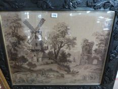 A Victorian framed Tapestry ' Flemish Windmill Scene', circa 1870