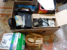 Box containing various vintage cameras and modern etc