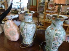 A Pair of chinese vases converted to lamps and an oriental moonflask