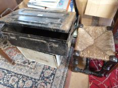 Interesting white metal safebox, black tin trunk and an oak stool