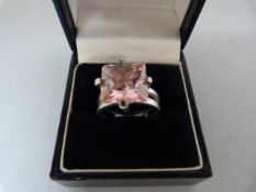 A Silver ring set with a square (approx 12mm) Pink CZ - Size - P (UK) 7.5 (USA)