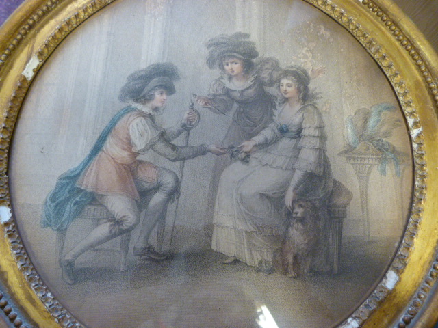 An etching of two Lovers in a Regal manor exchanging a Rose, as another lady watches on with a