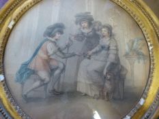An etching of two Lovers in a Regal manor exchanging a Rose, as another lady watches on with a