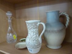 Burleigh Ware jug, Torquay ware dish, decanter etc