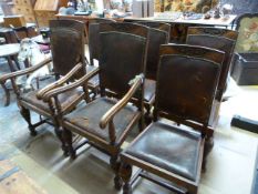 Set of six oak and leather dining room chairs - upholstery A/F