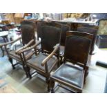 Set of six oak and leather dining room chairs - upholstery A/F