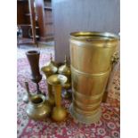 Brass umbrella stand, two lidded urns, two brass trumpet vases etc