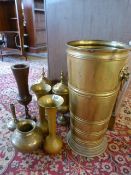 Brass umbrella stand, two lidded urns, two brass trumpet vases etc