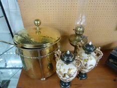 Brass Coal Bin, pair of twin handled vases and a brass oil lamp