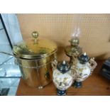 Brass Coal Bin, pair of twin handled vases and a brass oil lamp