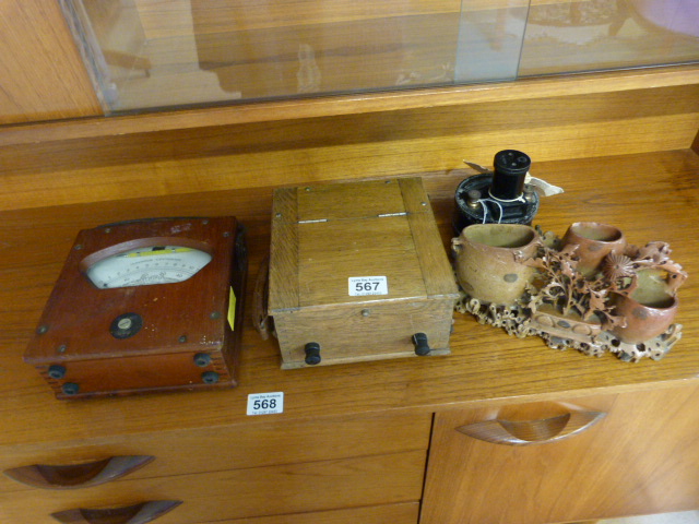 Oak cased Milliampers box, Millivolts box, one other and a carved stoneware spillvase