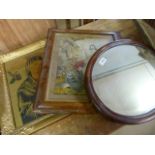 Mahogany veneered oval mirror, tapestry depicting 'Jesus' in a religious scene and one other