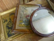 Mahogany veneered oval mirror, tapestry depicting 'Jesus' in a religious scene and one other