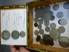 Box containing mostly silver coins crowns, shillings etc