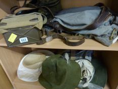 Vintage army box, bags and various hats