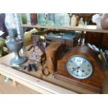 Burr maple mantle clock, handpainted cuckoo clock, pair of cased Zenith binoculars and a Hohner '